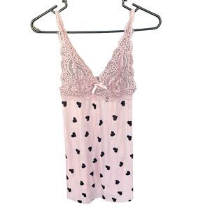 Shein Heart Print Cami Nightgown Women Extra Small XS Pink Black Adjustable Lace